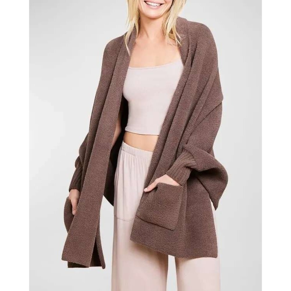 Barefoot Dreams CozyChic Blanket Wrap Cardigan Shawl Pockets Cocoa One Size